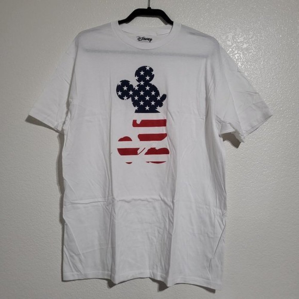 Disney Mickey Mouse Standing American Flag Print Graphic Short Sleeves White Tee - Picture 4 of 5